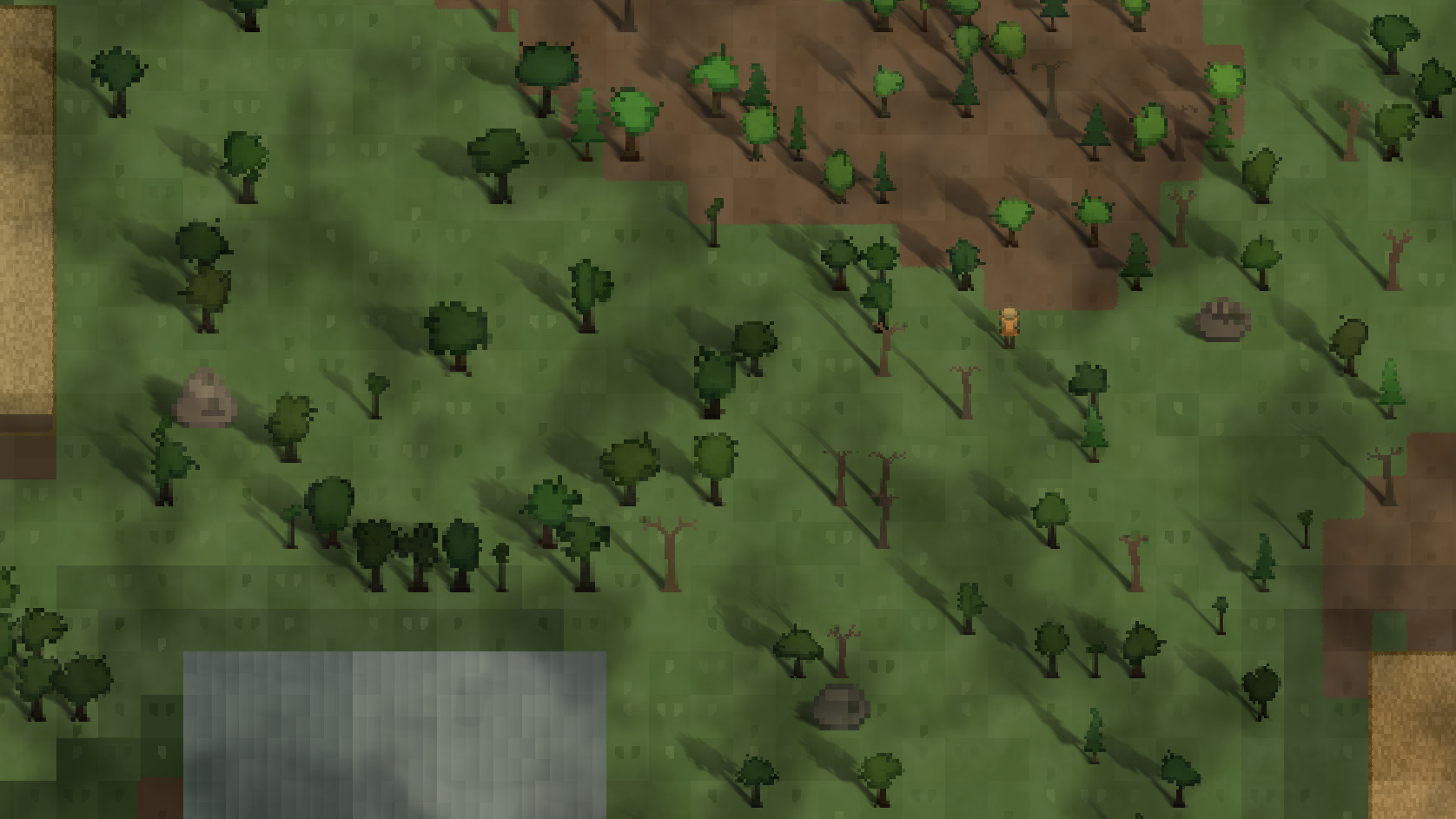 A Brileta settlement with procedurally generated trees, boulders, NPCs, and directional shadows
