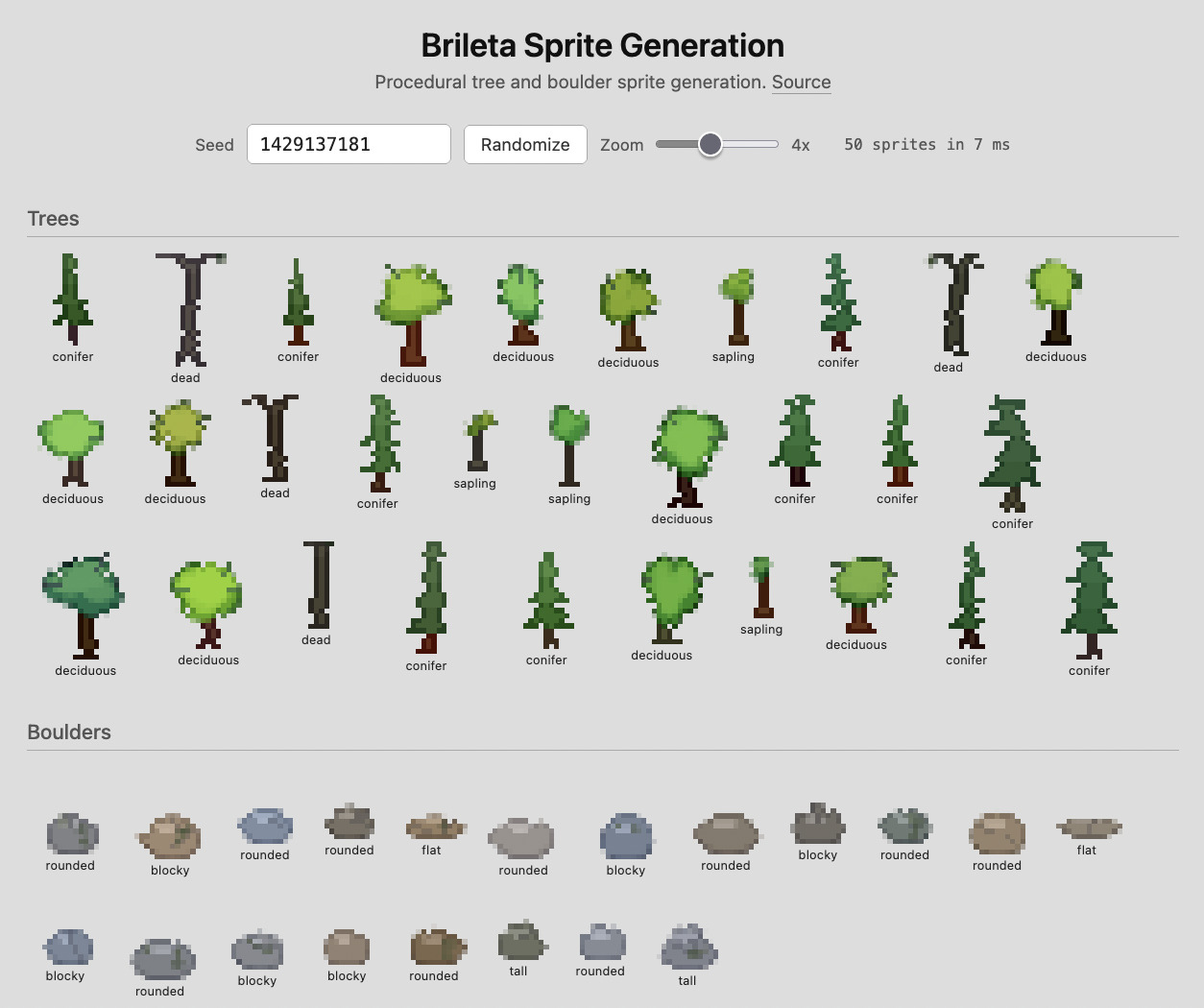 The brileta-sprites demo showing 30 generated trees and 20 boulders at 4x zoom, each labeled by archetype