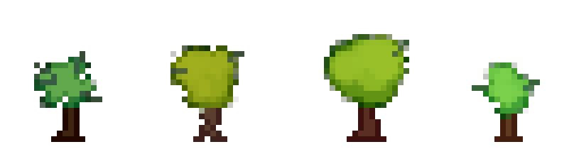 Four deciduous trees at 8x zoom, each with a different canopy shape, lean angle, and color.