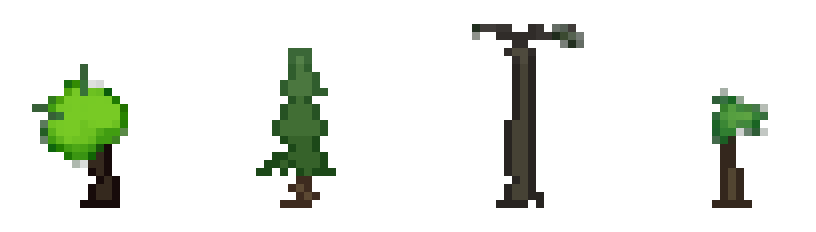 The four tree archetypes at 8x zoom: deciduous, conifer, dead, and sapling.