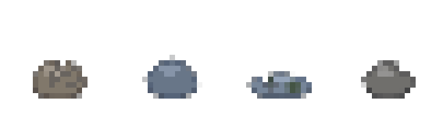 Four boulder archetypes at 8x zoom: rounded, tall, flat, and blocky.