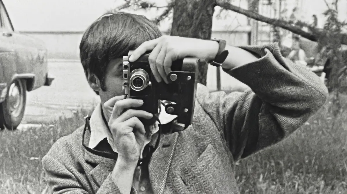 Black and white photo of a young man in a herringbone jacket crouching outdoors, his face hidden behind a camera as he takes a photograph.